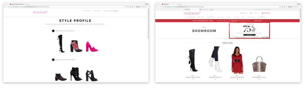Shoedazzle — konfigurator przy rejestracji i spersonalizowany showroom